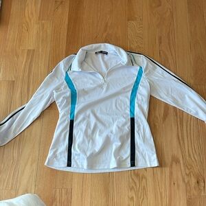 Equestrian sunshirt, size large, white with teal and black details
